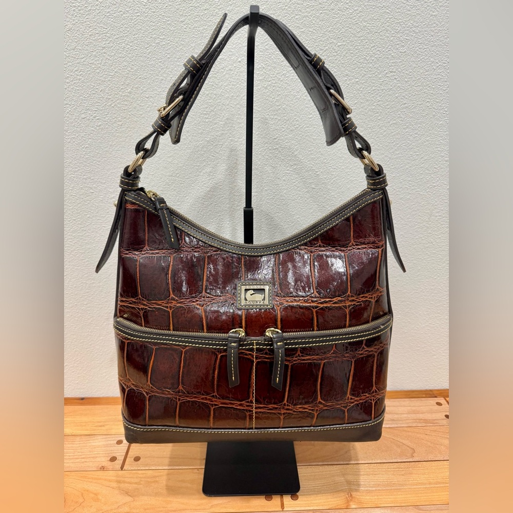Dooney and Bourke Brown Croc-Embossed Leather Hobo Shoulder Bag